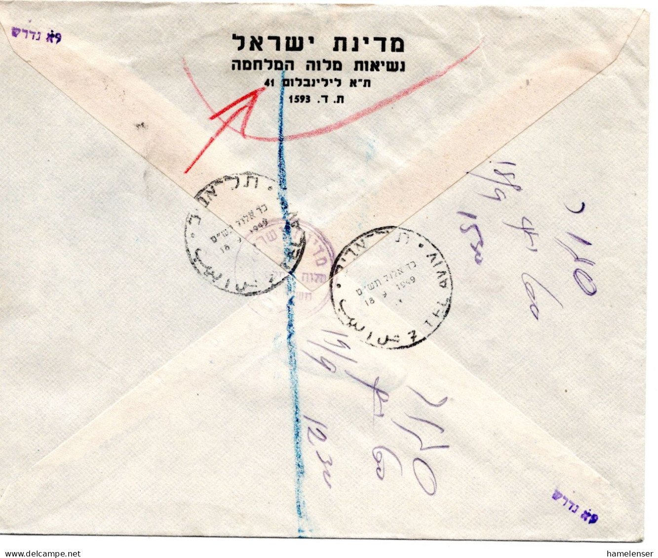 71647 - Israel - 1949 - OrtsR-Bf TEL AVIV, Zurueck - Lettres & Documents