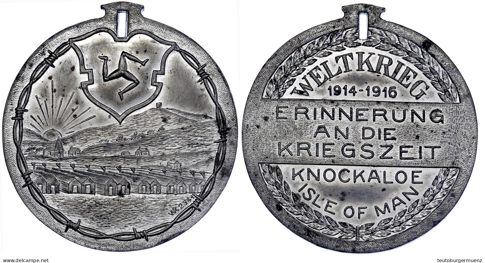 Tragb. Zinnmedaille 1916. Erinnerung An Die Kriegszeit Knockaloe Isle Of Man/Gefangenenlager Mit Barracks, Umgeben Von S - Sonstige & Ohne Zuordnung