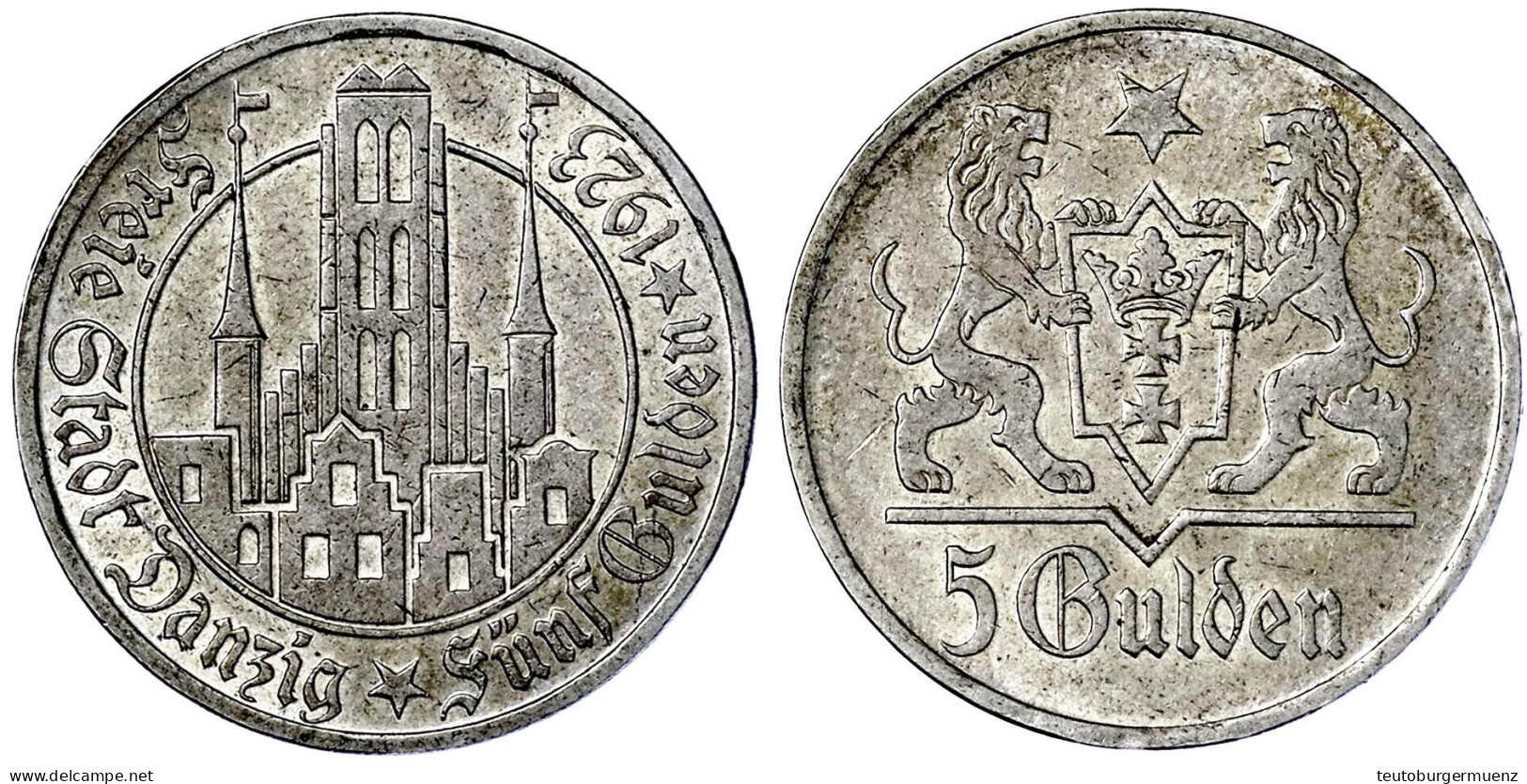 5 Gulden 1923, Marienkirche. Vorzüglich, Kl. Randfehler Und Min. Kratzer. Jaeger D 9. - Otros & Sin Clasificación