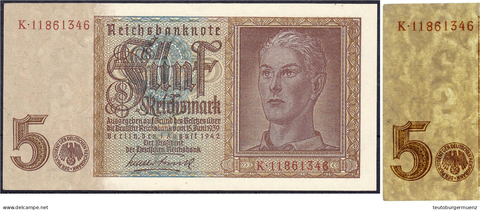 5 Reichsmark 1.8.1942. Mit Kopfstehender Wertzahl Im Wasserzeichen. KN. 11861346, Grabwoski DEU-220 Seite 170 Dieses Exe - Other & Unclassified