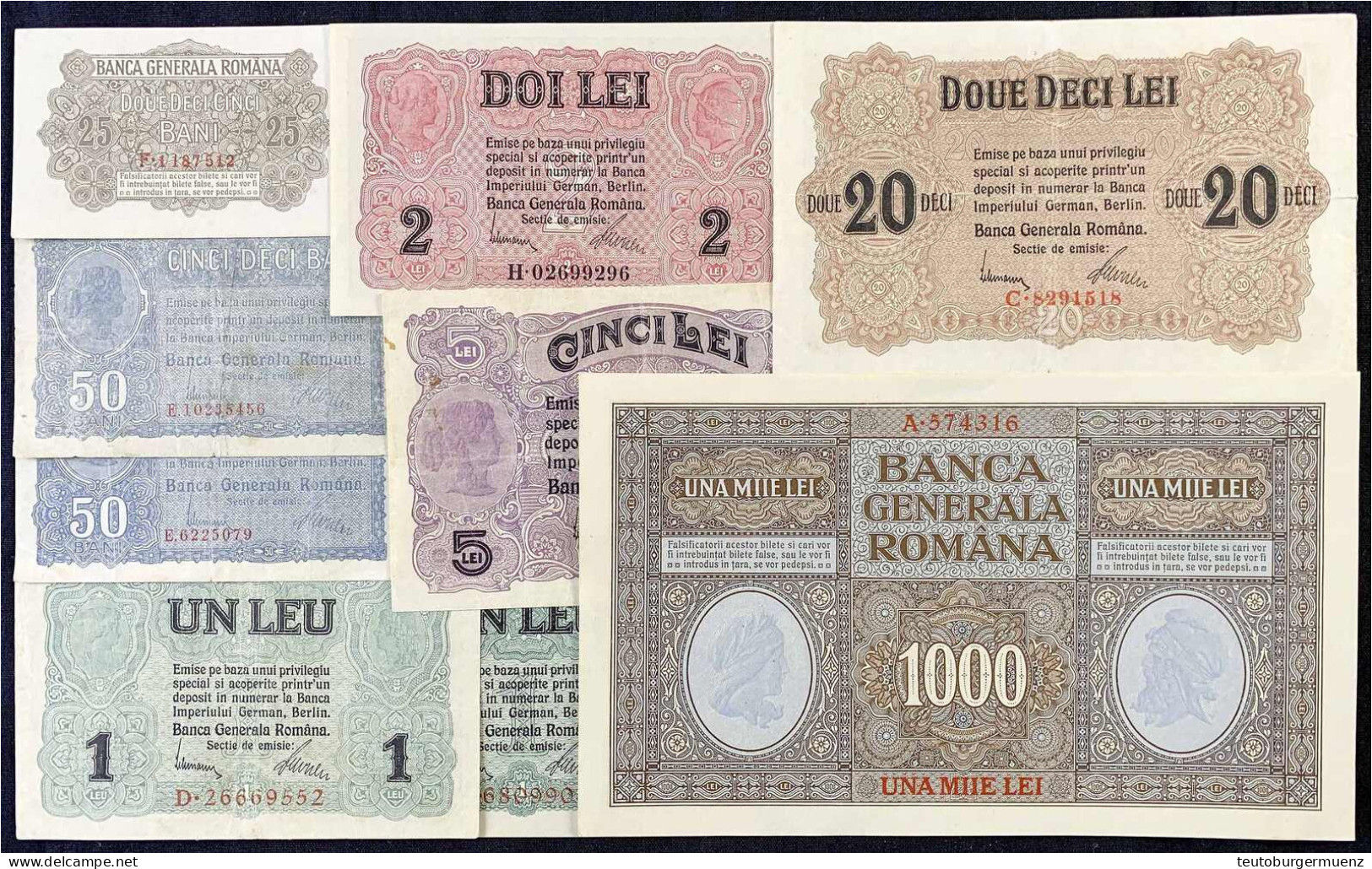 Banca Generala Romana, 9 Scheine Von 25 Bani Bis 1000 Lei O.D. (1917-1920). II+ Bis III. Rosenberg 472, 473, 474, 475, 4 - Other & Unclassified
