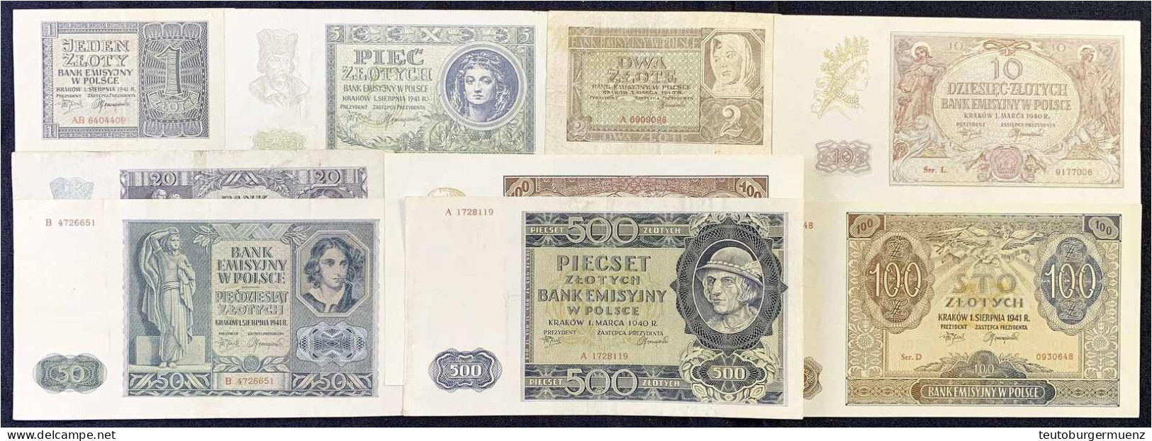 Generalgouvernement Polen, Emissionsbank, 9 Scheine Zu 2 Zlote, 10, 20, 100, 500 Zlotych 1.3.1940 Und Zu 1 Zloty, 5, 50  - Other & Unclassified