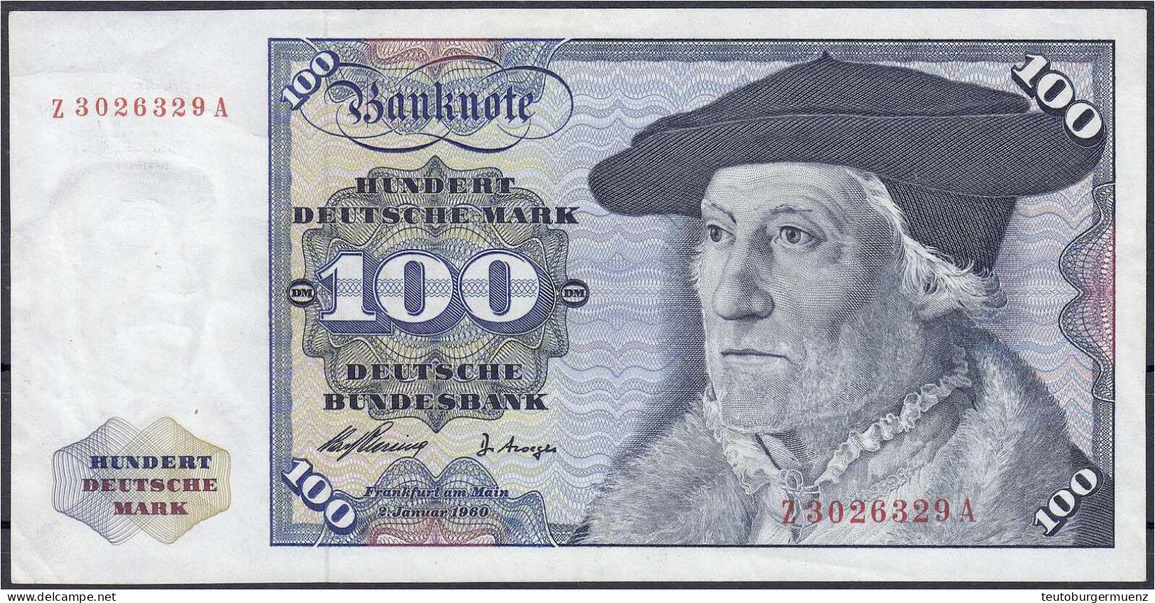 100 Deutsche Mark Austauschnote 2.1.1960. Serie Z/A. II- / III+, Selten. Rosenberg 266d. Grabowski. BRD-10d. - Other & Unclassified