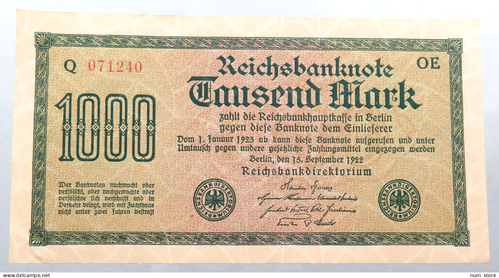 WEIMARER REPUBLIK 1000 MARK 1922  #alb052 0355 - 1.000 Mark