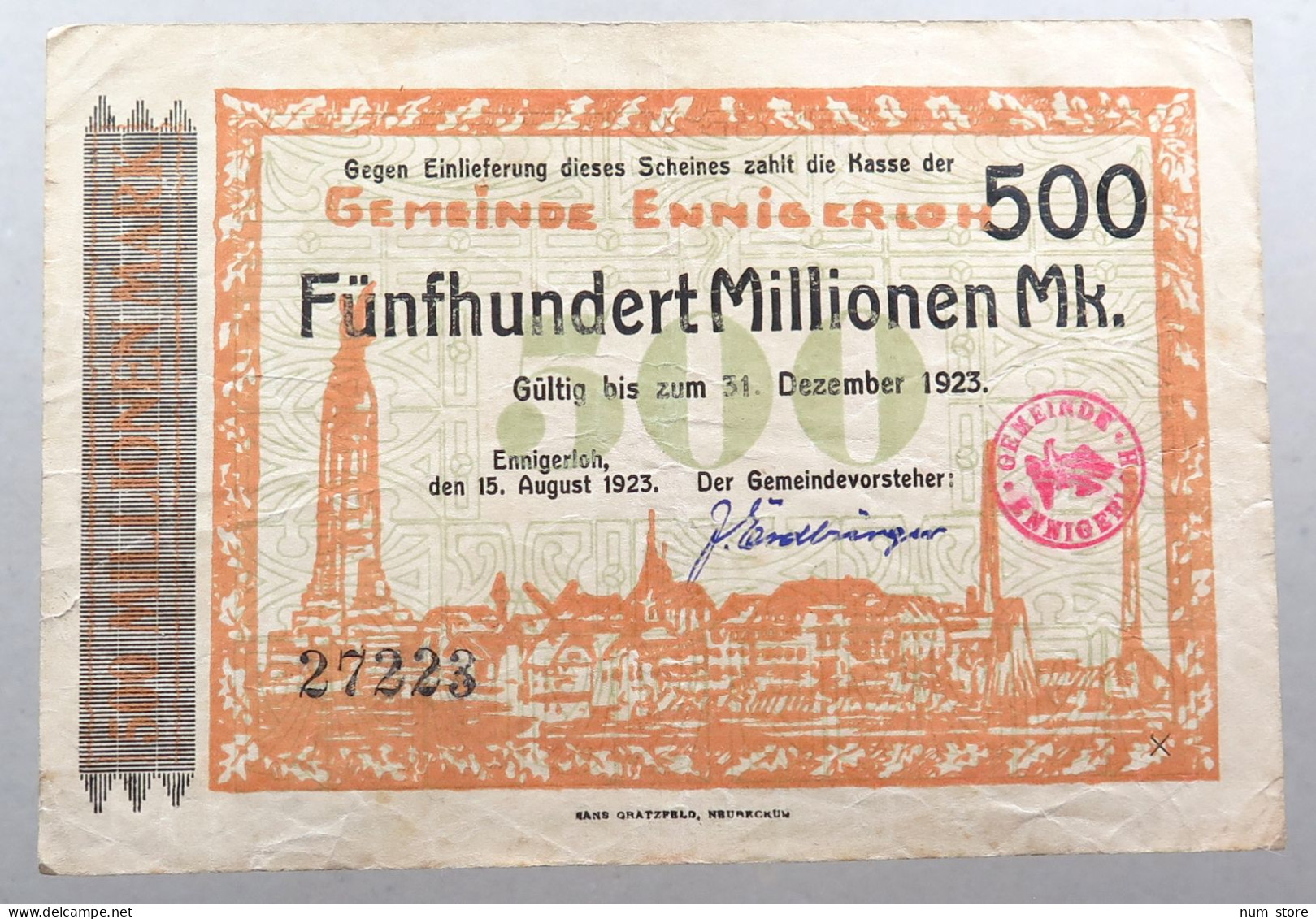 WEIMARER REPUBLIK 500 MILLIONEN MARK 1923 ENNIGERLOH #alb052 0735 - 500 Millionen Mark