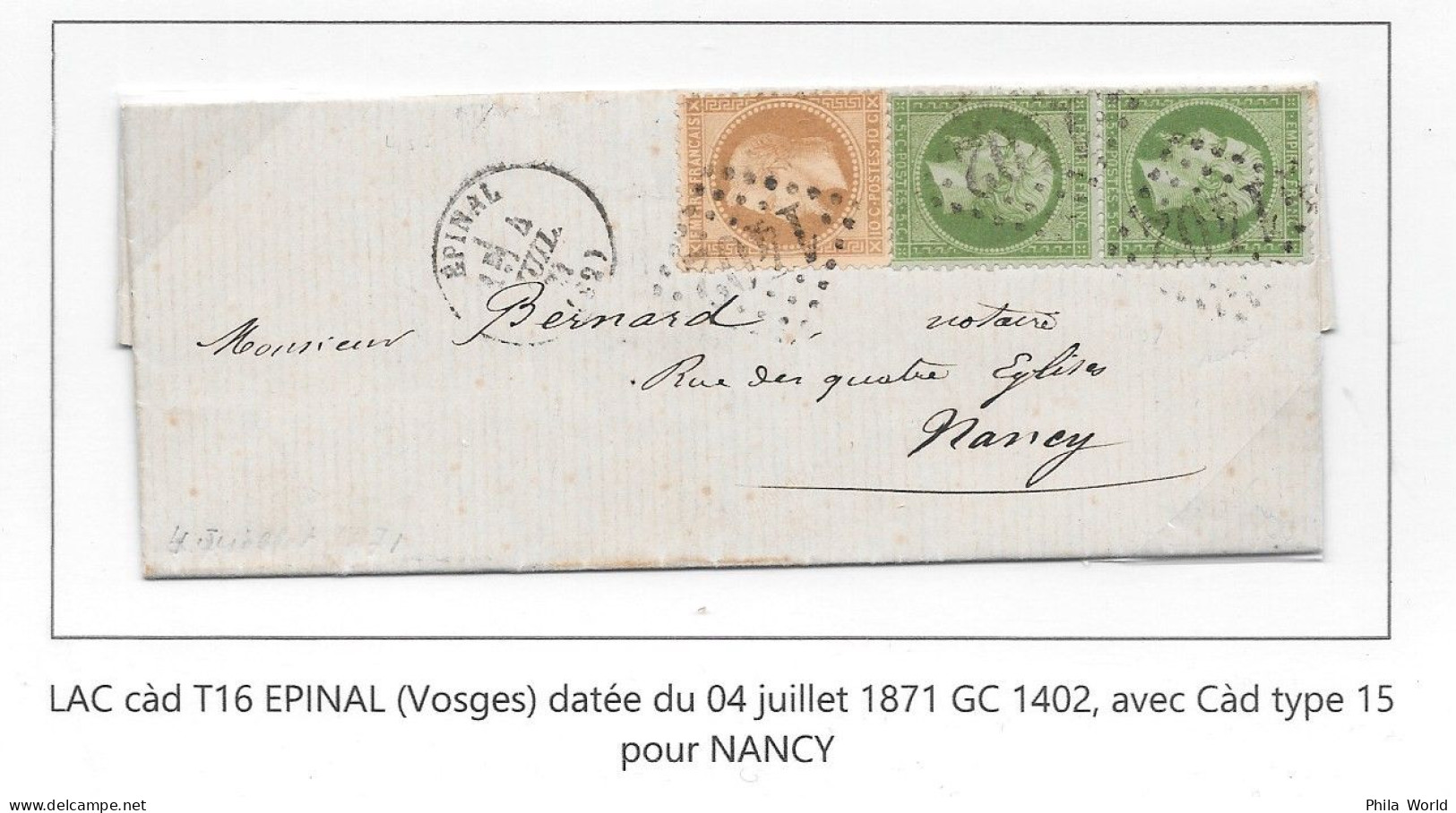 Lettre LAC 1871 Paire 5c Vert EMPIRE Napoléon YT 20 + 10c Bistre YT28B GC 1402 T16 EPINAL > NANCY - 1870 Belagerung Von Paris