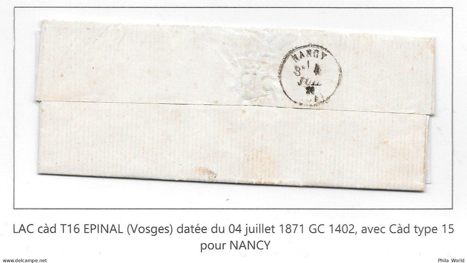 Lettre LAC 1871 Paire 5c Vert EMPIRE Napoléon YT 20 + 10c Bistre YT28B GC 1402 T16 EPINAL > NANCY - 1870 Belagerung Von Paris