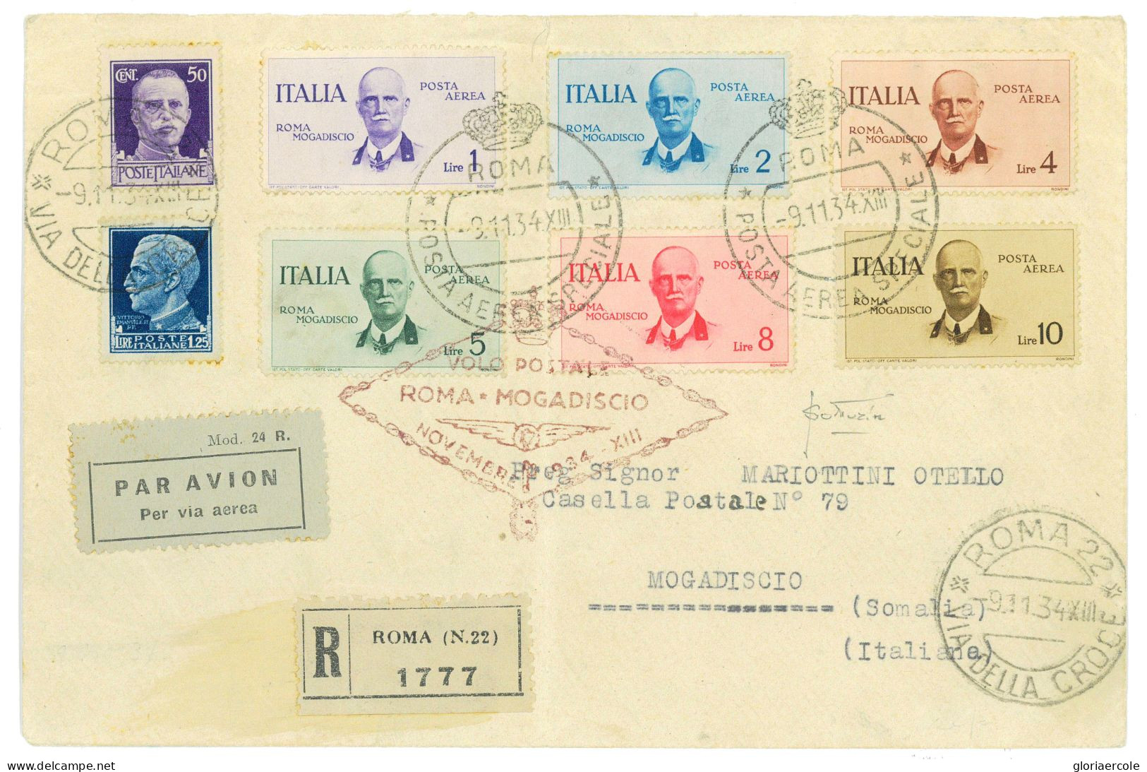 P2068 - ITALIA REGNO. 1934 BUSTA VIAGGIATA NEL VOLO SPECIALE ROMA MOGADISCIO, CON LA SERIE COMPLETA SASS.83/88. - Storia Postale (Posta Aerea)