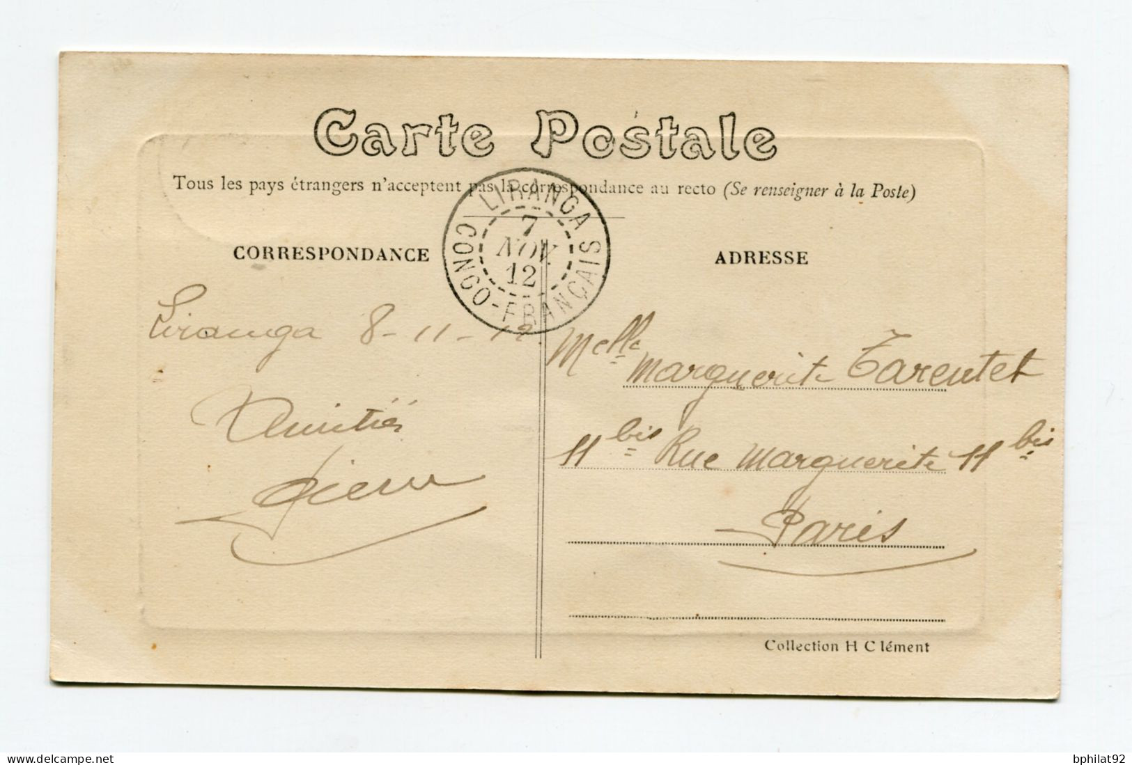 !!! CONGO, CPA DE BRAZZAVILLE POUR PARIS, CACHET DE LIRANGA DE 1912 - Lettres & Documents