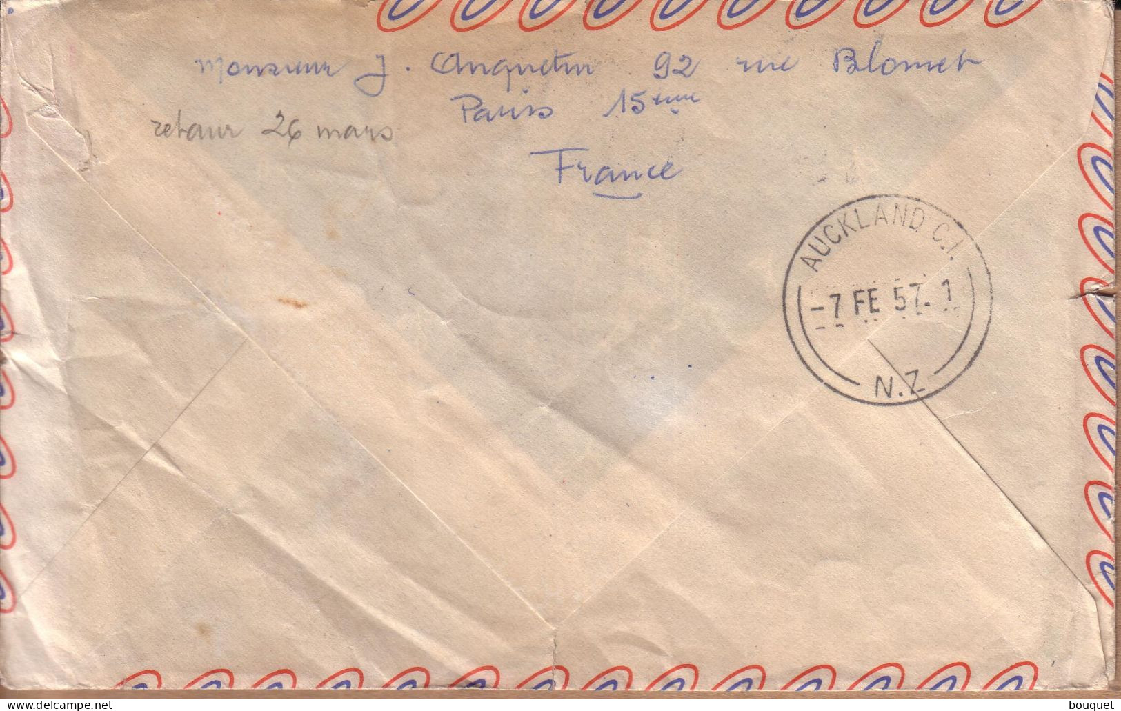 NOUVELLE ZELANDE - LETTRE GRIFFE " PREMIERE LIAISON AERIENNE PARIS AUCKLAND 1957 " NON RECLAME " , " UNCLAIMED " - 1957 - 1927-1959 Covers & Documents