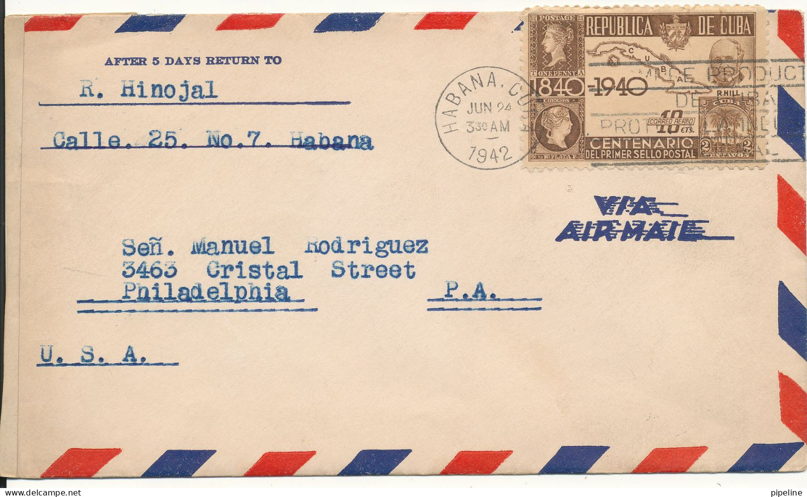 Cuba Censored (4479) Air Mail Cover Sent To USA Habana 24-6-1942 MAP On The Stamp - Posta Aerea