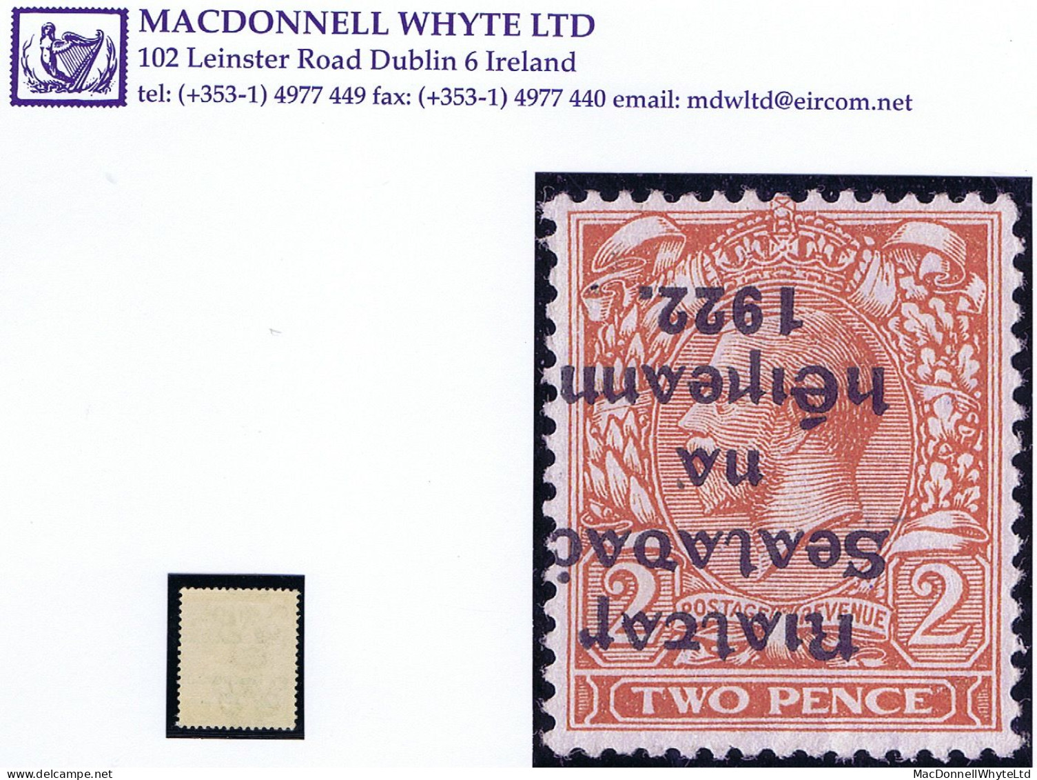 Ireland 1922 (Feb.) Thom Rialtas 5-line Overprint In Black On 2d Orange Die 2, Error "Overprint Inverted" Mint - Ungebraucht