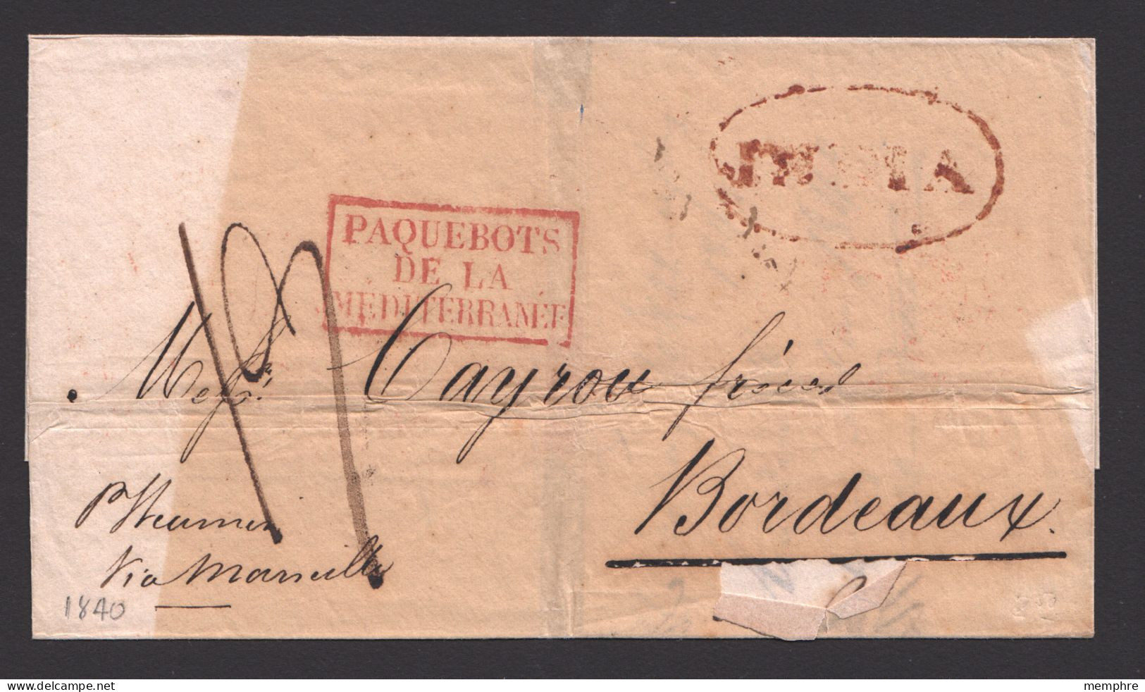 1840  Madras Shipletter To France Bordeaux Receiver On Back Boxed «Paquebots De La Méditerrannée» And Oval «India» - ...-1852 Vorphilatelie