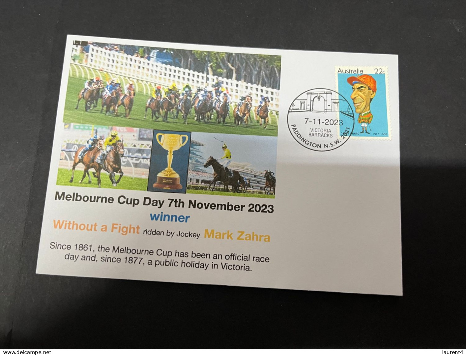 8-11-202 (1V 37) Australia - 7th November 2023 - Melbourne Cup (winner Without A Fight - Ridder Mark Zahra) Jockey Stamp - Lettres & Documents