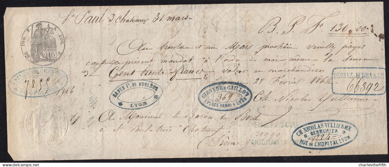 Mandat à Ordre De 1862 De 100 F A 200 Et Au Dessous à 10 C à St Paul 3 Chateaux - BARON DU BORD - - Sonstige & Ohne Zuordnung