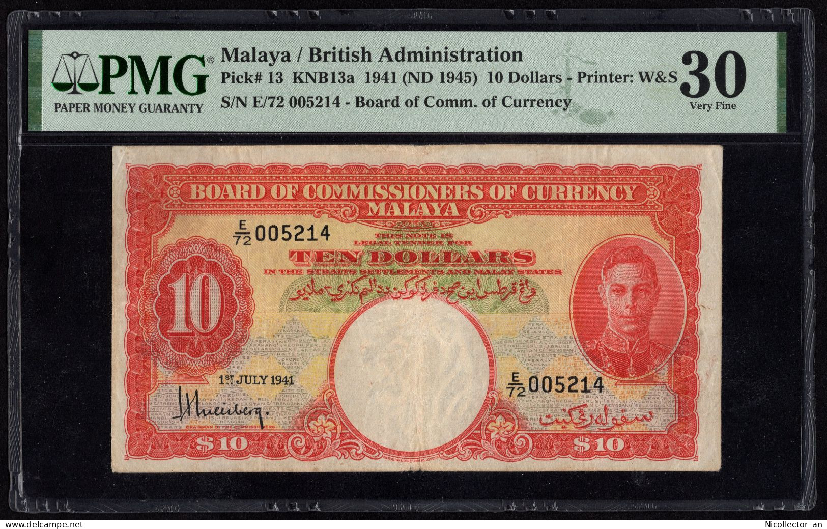 Malaya Straits Settlements 10 Dollars 1941 PMG 30 VF Rare - Malaysia