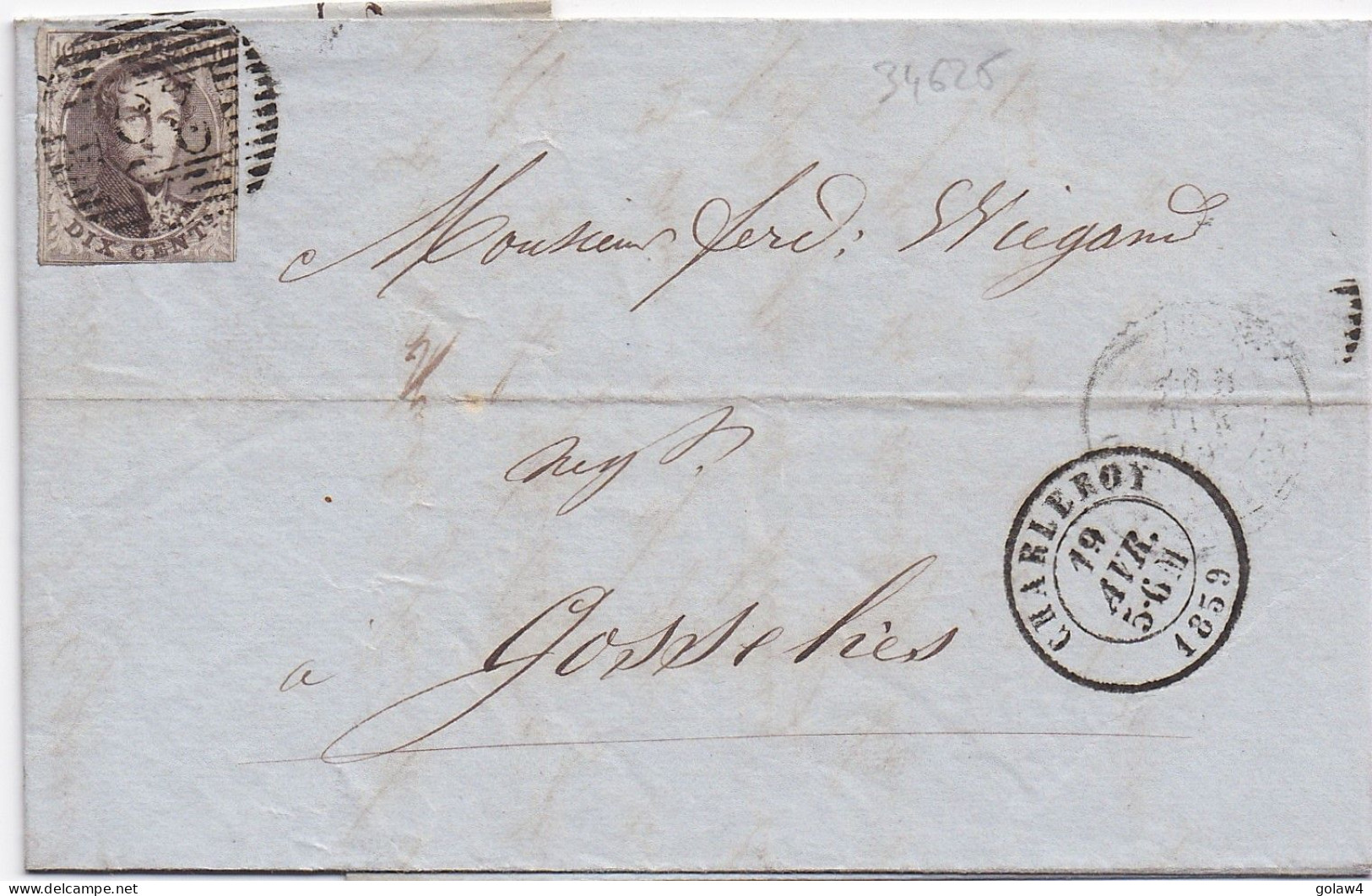 34625# BELGIQUE LEOPOLD MEDAILLON N°10 LETTRE Obl 25 CHARLEROI 1859 Pour GOSSELIES - 1849-1865 Medallions (Other)