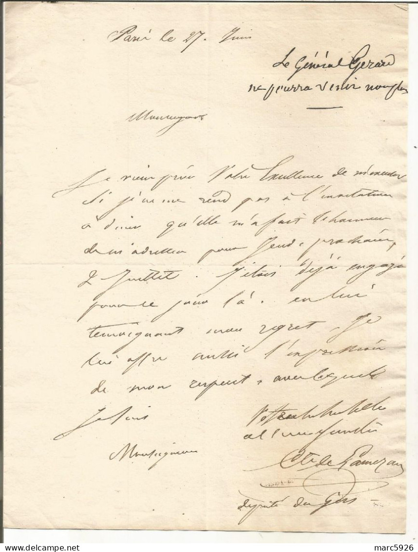 N°131 ANCIENNE LETTRE COMTE DE LAMEZAN DEPUTE DU GERS A PROPOS DU GENERAL GERARD DATE 27 JUIN - Historische Personen