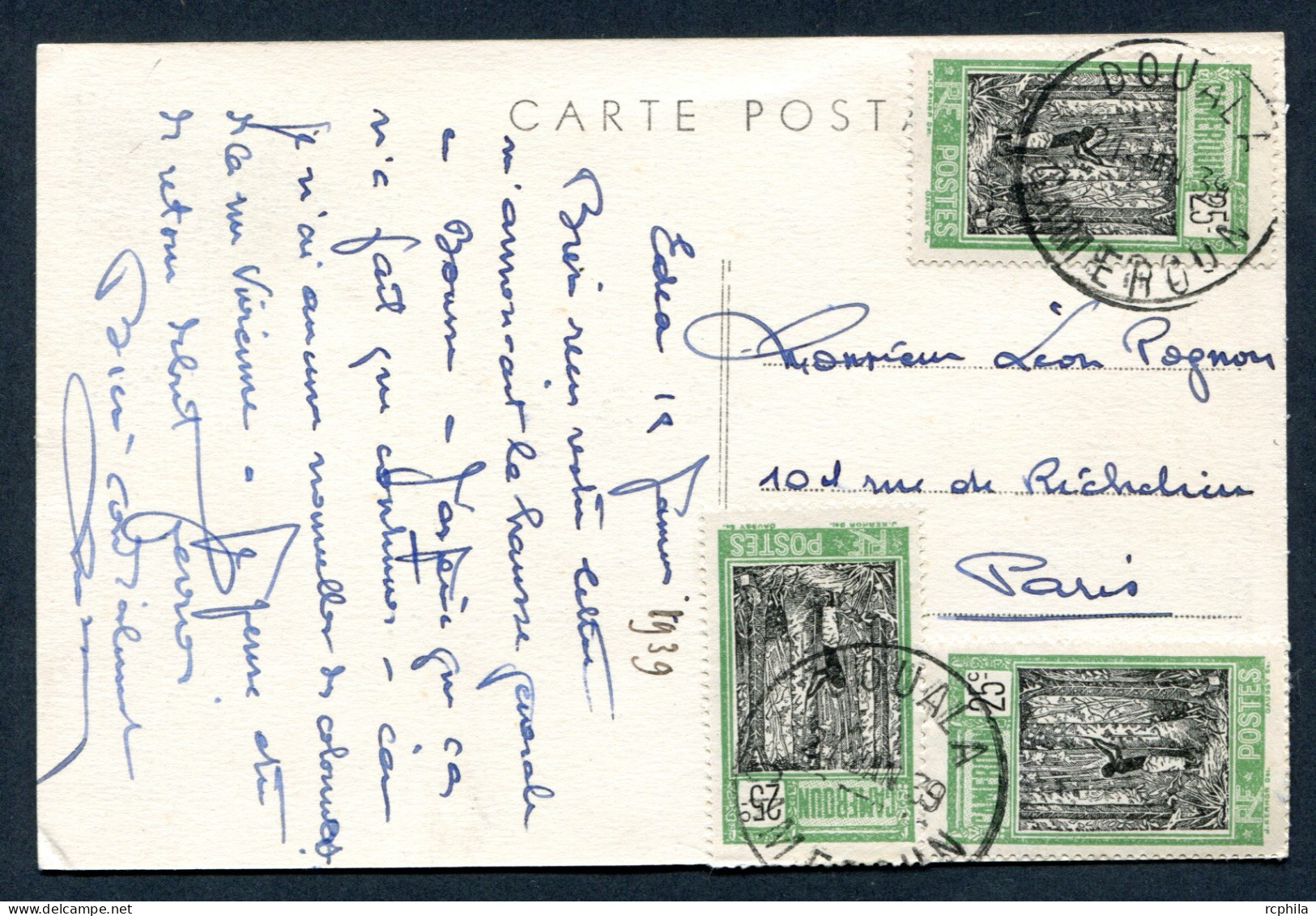 RC 26195 CAMEROUN 1939 DOUALA CARTE POSTALE POUR LA FRANCE - Covers & Documents