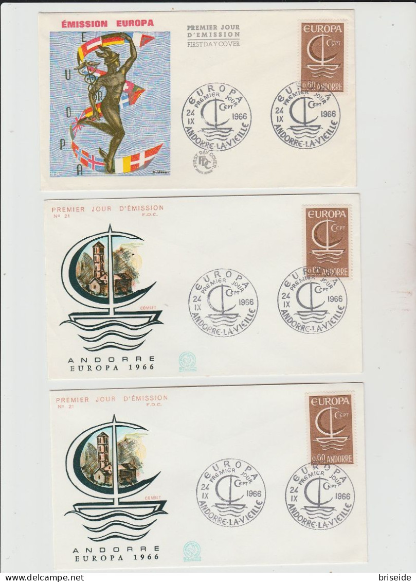 1966 N. 3 BUSTE EUROPA CEPT PREMIER JOUR D'EMISSION FIRST DAY COVER ERSTTAGSBRIEF 1°GIORNO EMIS. ANDORRE - 1966