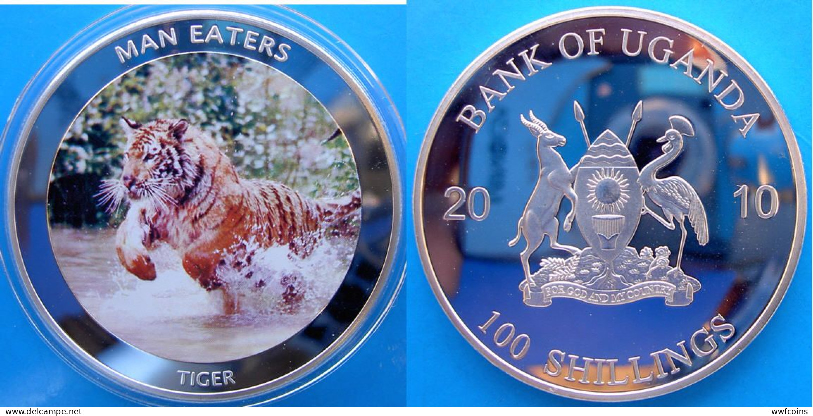 UGANDA 100 S 2010 PROOF SILVER PLATED  MAN EATERS TIGER TIGRE PESO 50g CONSERVAZIONE FONDO SPECCHIO UNC - Ouganda