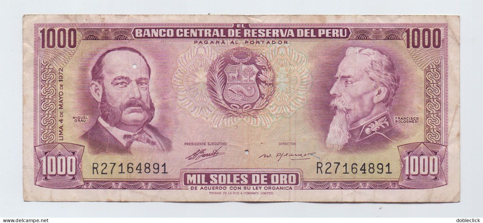 PERU - 1000 SOLES DE ORO GRAU BOLOGNESI MACHU PICCHU P-105B 1972 - VF - Peru