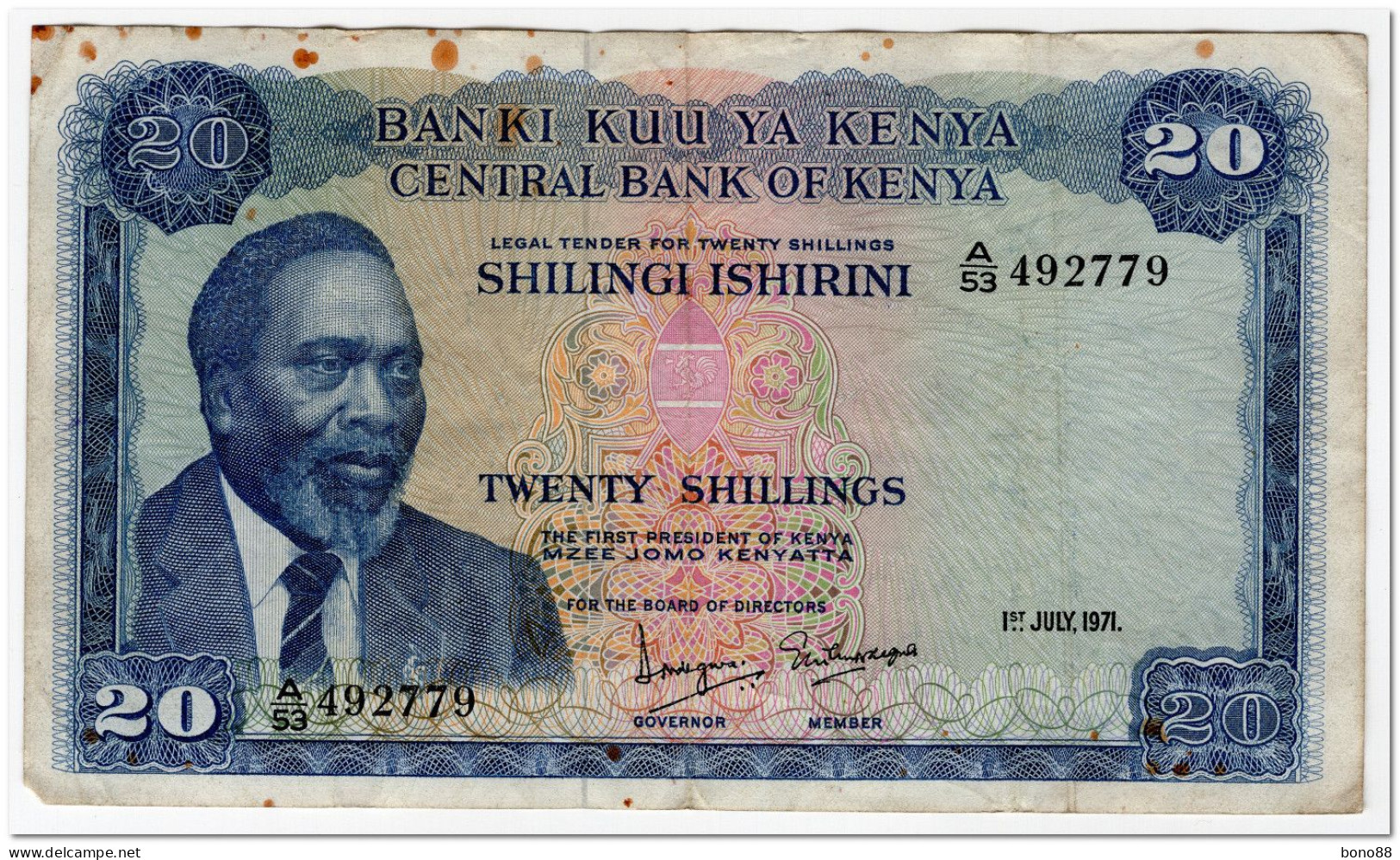 KENYA,20 SHILLINGS,1971,P.7b,VF,OXIDE MARKS - Kenya