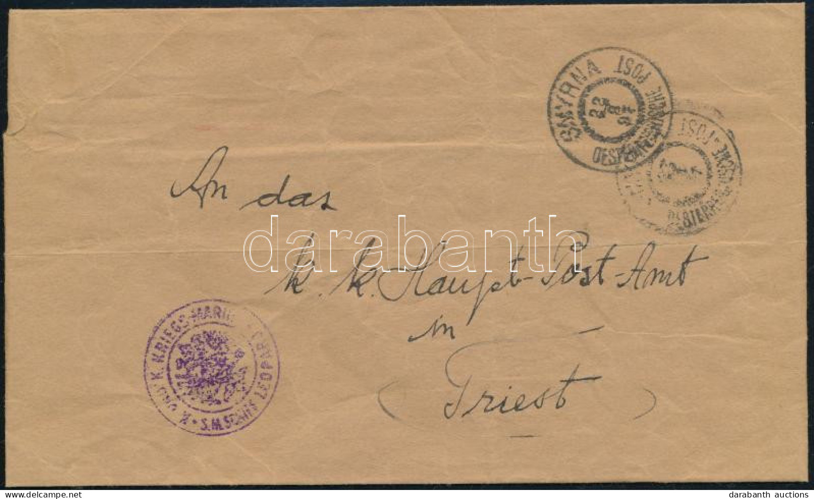 1897 Levél Címszalagból Az S.M.S. Leopardról Küldve Triesztbe. / Wrapper Made Into An Envelope Mailed From S.M.S. Leopar - Other & Unclassified