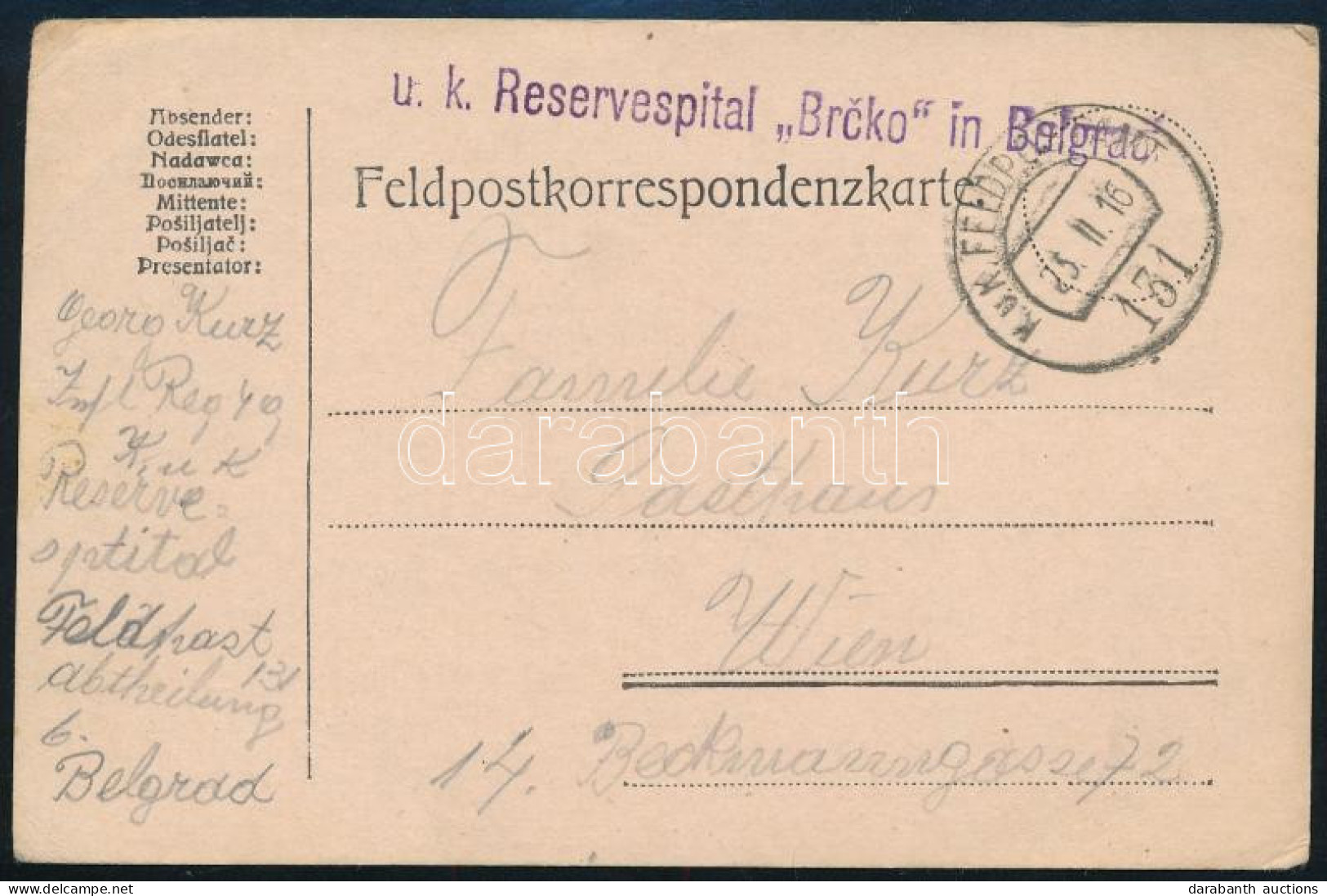 1916 Tábori Posta Levelezőlap "K.u.k. Reservespital Brcko In Belgrad" + "FP 131" - Other & Unclassified