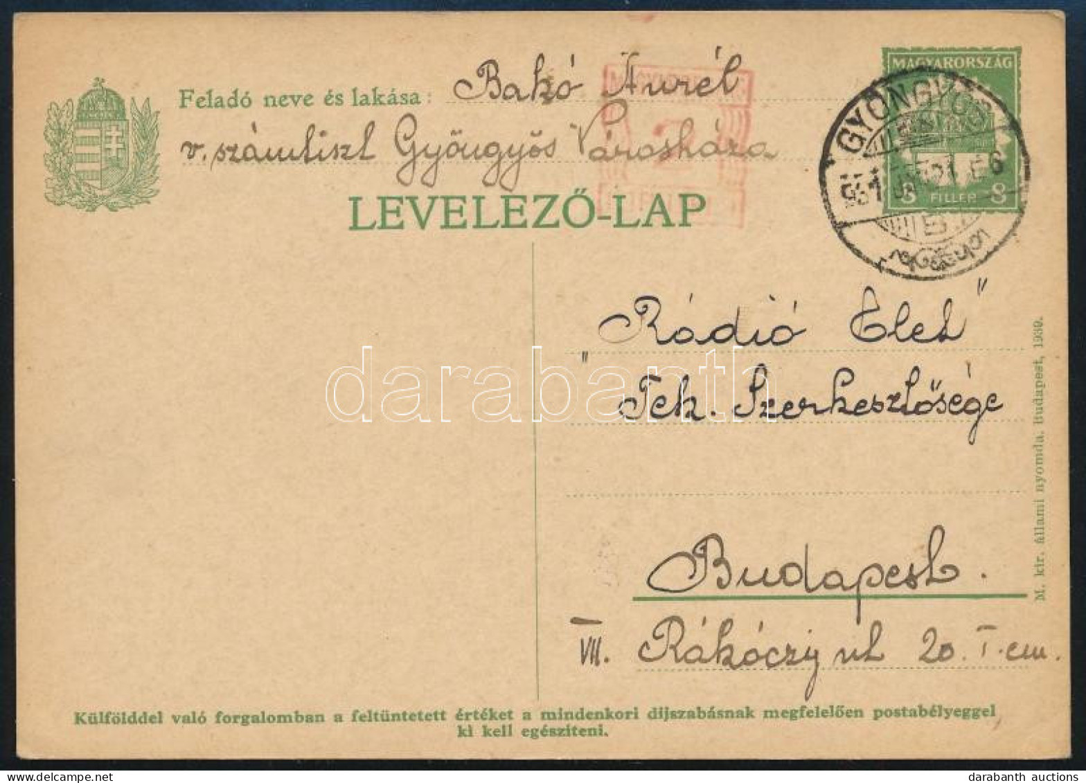 1931 Díjjegyes Levelezőlap "GYÖNGYÖS" + Gépi Kisegítő Bélyegzés - Sonstige & Ohne Zuordnung