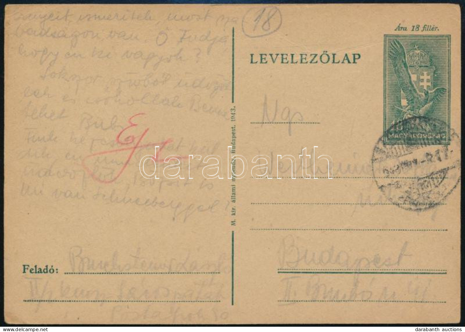 1943 Munkaszolgálatos 18f Díjjegyes Levelezőlapja "SÁROSPATAK" - Budapest, Piros Kézi Cenzúrával - Other & Unclassified