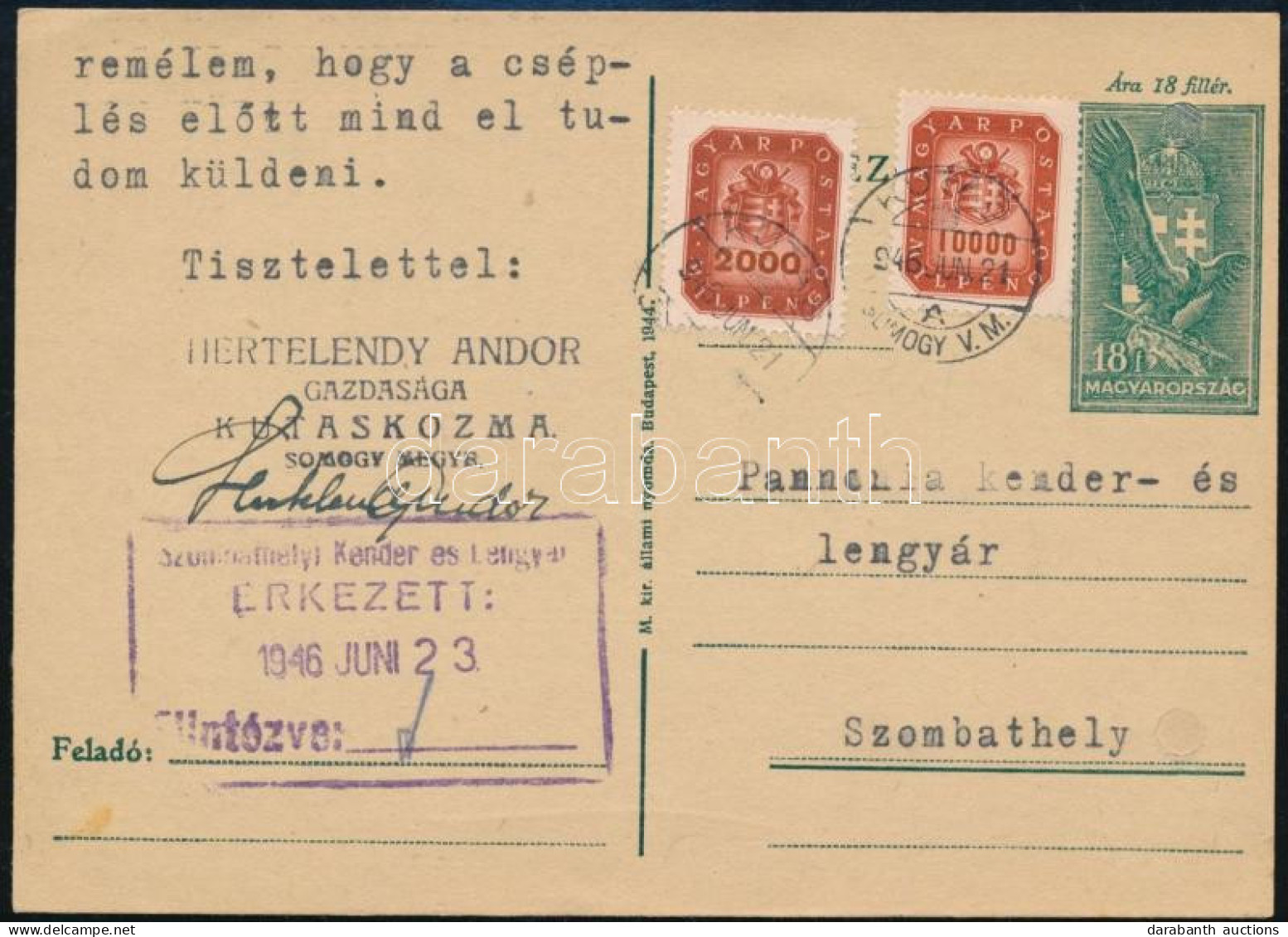 1946.06.21. 18f Díjjegyes Levelezőlap 12 Milliárd P Díjkiegészítéssel "KUTAS / SOMOGY V.M." - Autres & Non Classés