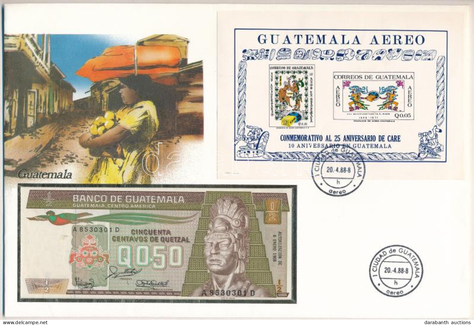 Guatemala 1988. 50c Felbélyegzett Borítékban, Bélyegzéssel T:UNC Guatemala 1988. 50 Centavos In Envelope With Stamp And  - Sin Clasificación