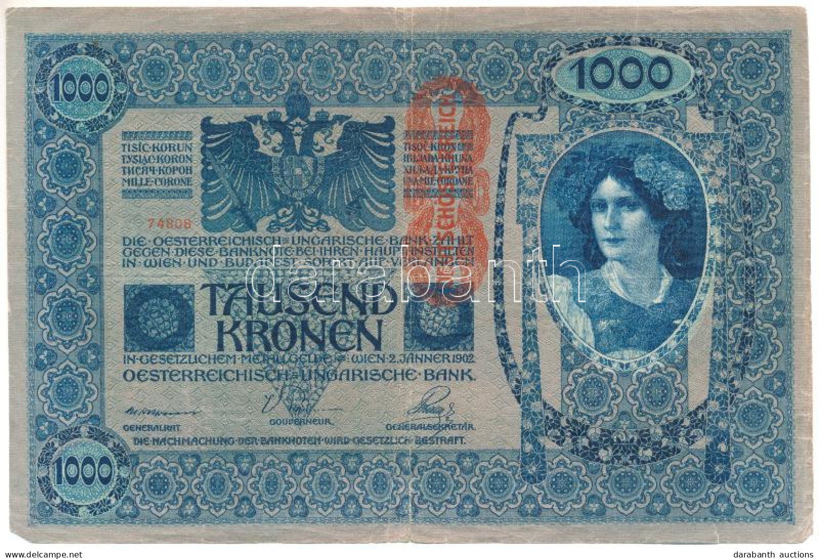 Ausztria 1919. (1902) 1000K, Piros Függőleges "DEUTSCHÖSTERREICH" Felülbélyegzéssel, Mindkét Oldala Német T:F Szakadás A - Zonder Classificatie