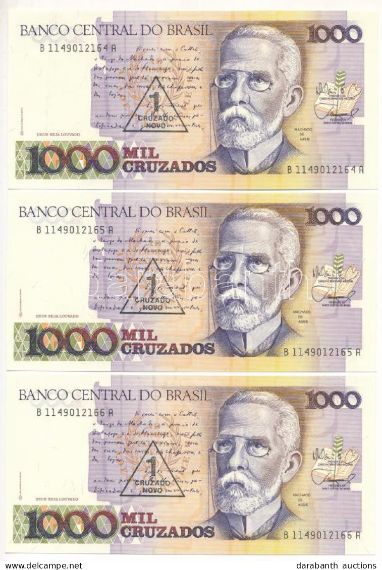 Brazília DN (1989) 1000C "1 Cruzado Novo" Felülbélyegzéssel (3x) Sorszámkövetők "B 1149012164 A - "B 1149012166 A" T:UNC - Ohne Zuordnung