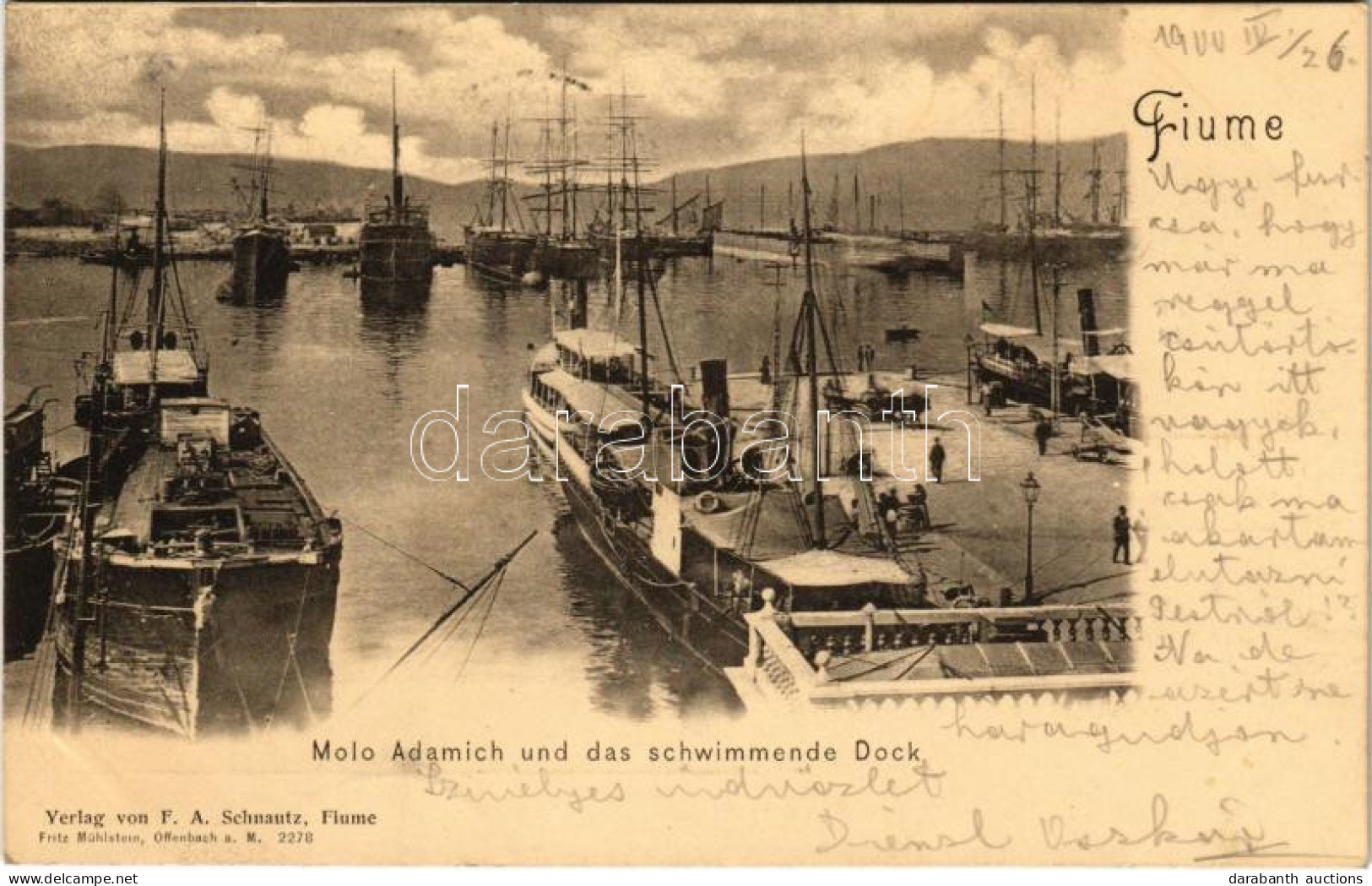 * T2 1900 Fiume, Rijeka; Molo Adamich Und Das Schwimmende Dock / Kikötő és úszódokk / Port, Floating Dock. Verlag F. A.  - Non Classés
