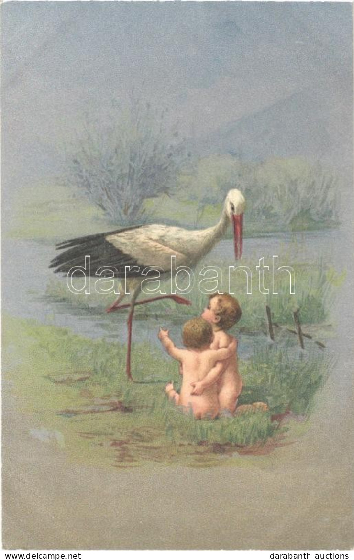 ** T2 Children With Stork. Litho - Non Classés