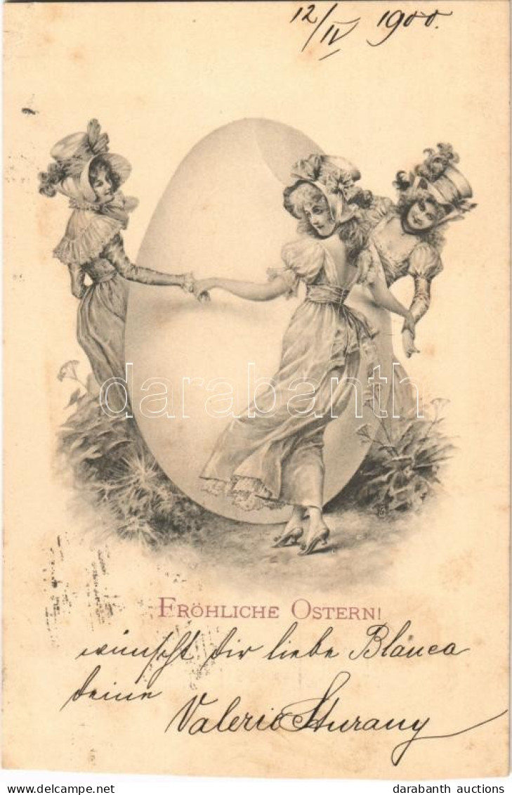 T4 1900 Fröhliche Ostern! / Easter Greeting Art Postcard, Ladies Dancing Around A Giant Egg. M. Munk Wien (vágott / Cut) - Ohne Zuordnung