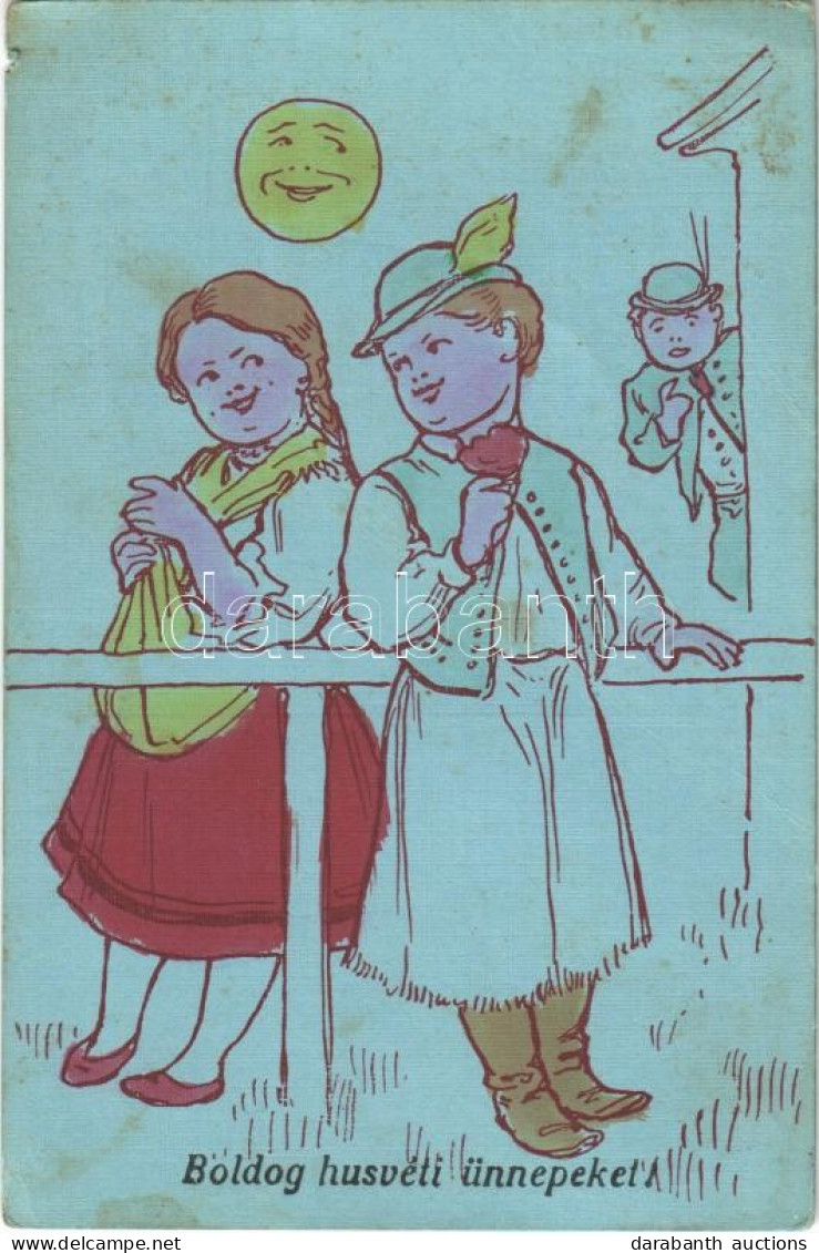 ** T3 Boldog Húsvéti ünnepeket! / Easter Greeting Art Postcard, Hungarian Folklore, Romantic Couple (kis Szakadás / Smal - Ohne Zuordnung