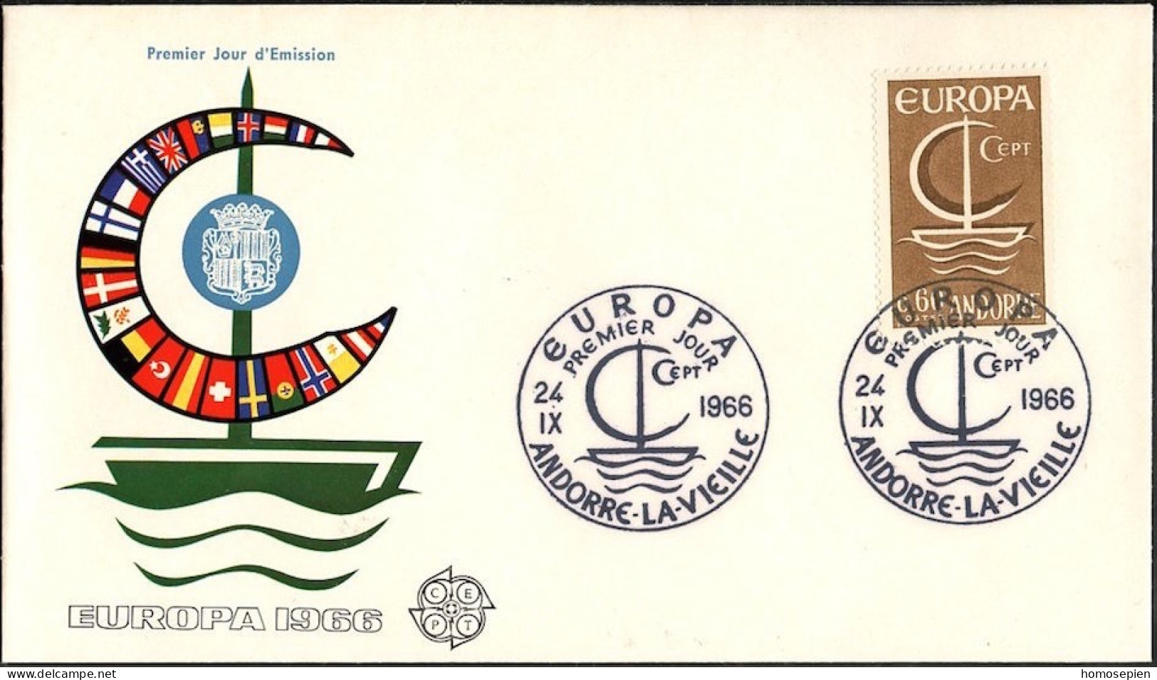 Europa CEPT 1966 Andorre Français - Andorra FDC3 Y&T N°178 - Michel N°198 - 60c EUROPA - 1966