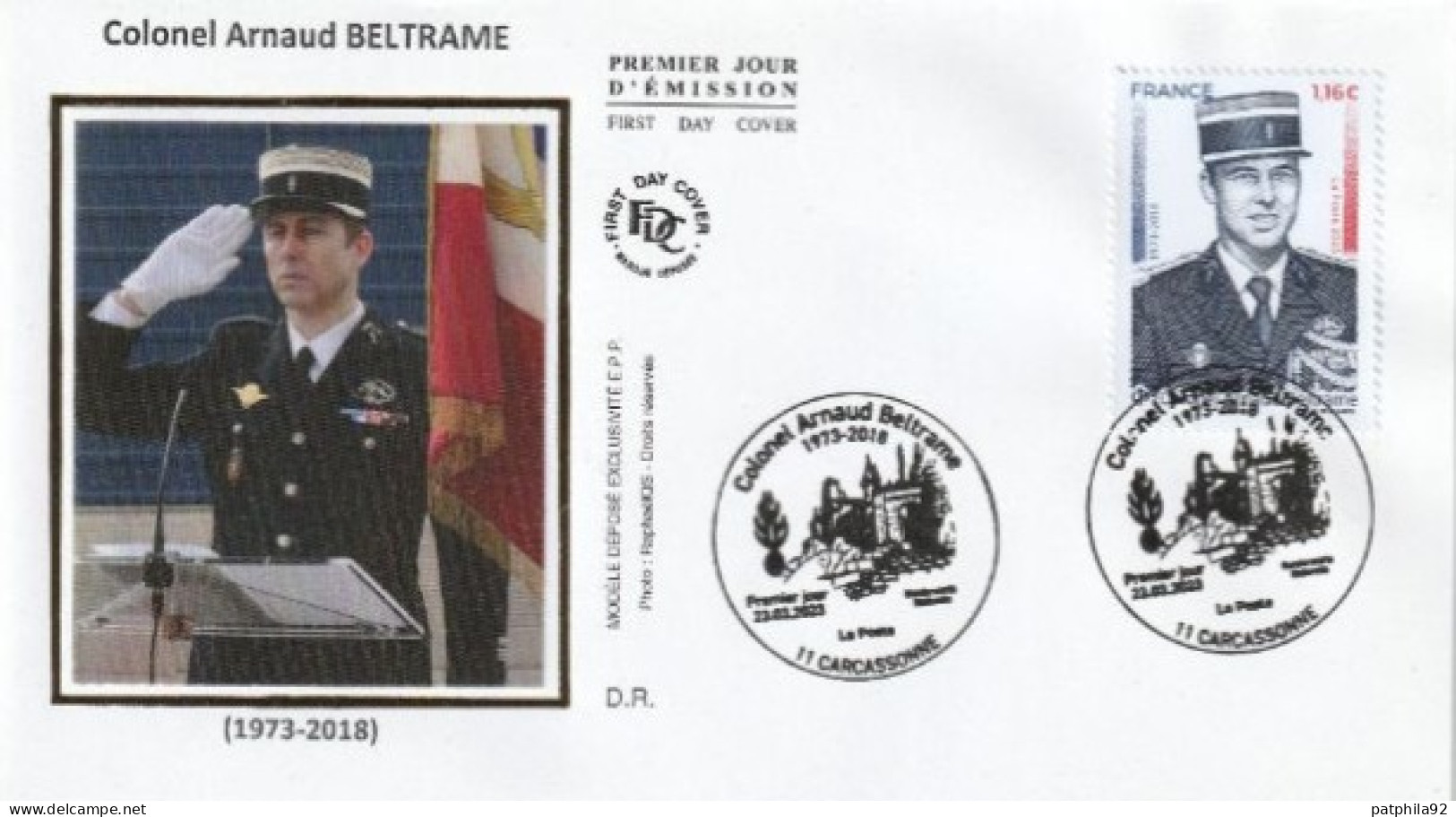 Fdc 2023_Envel. 1er Jour_fdc_soie_Colonel Arnaud Beltrame. Oblit. PJ 11 Carcassonne 23/03/23. - 2020-…