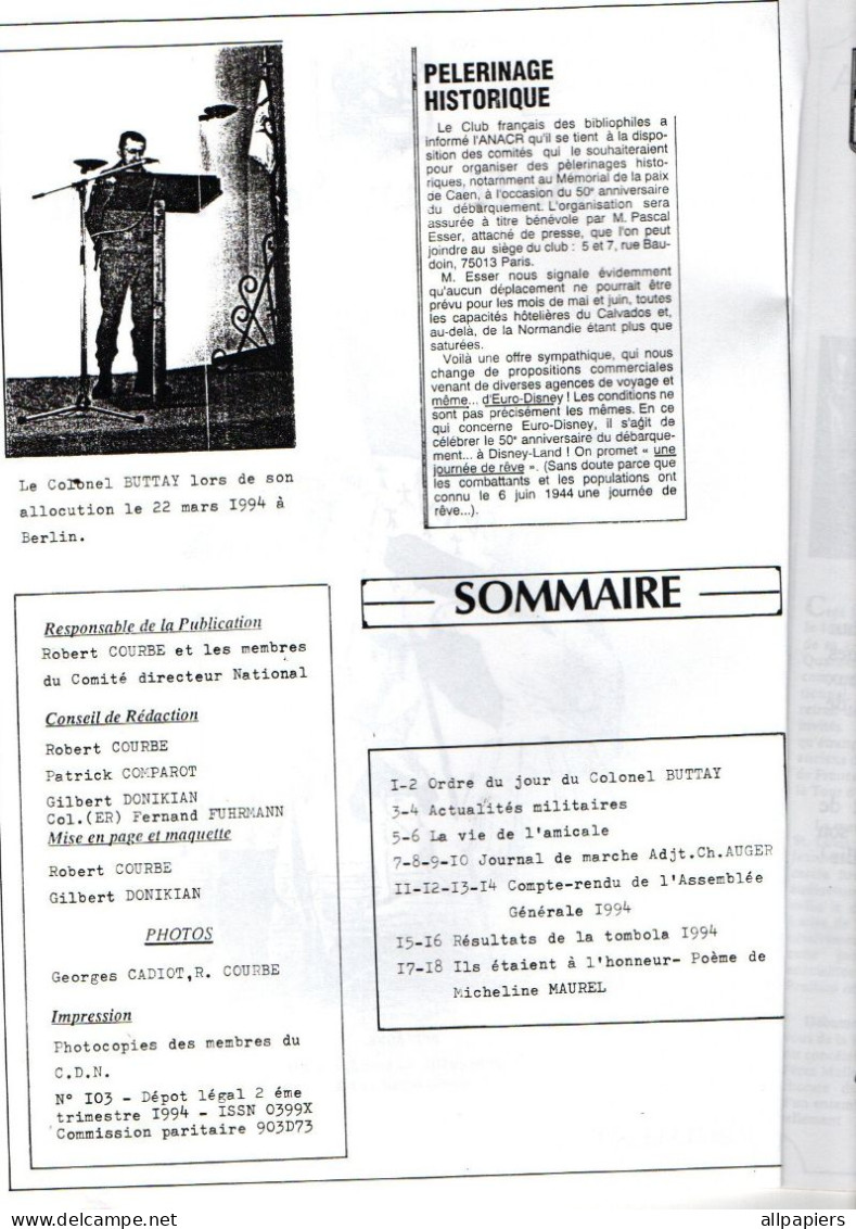Bulletin De Liaison Trimestriel N°103 Amicale Du 46ème Régiment D'Infanterie “Régiment De La Tour D'Auvergne” De 1994 - Francese