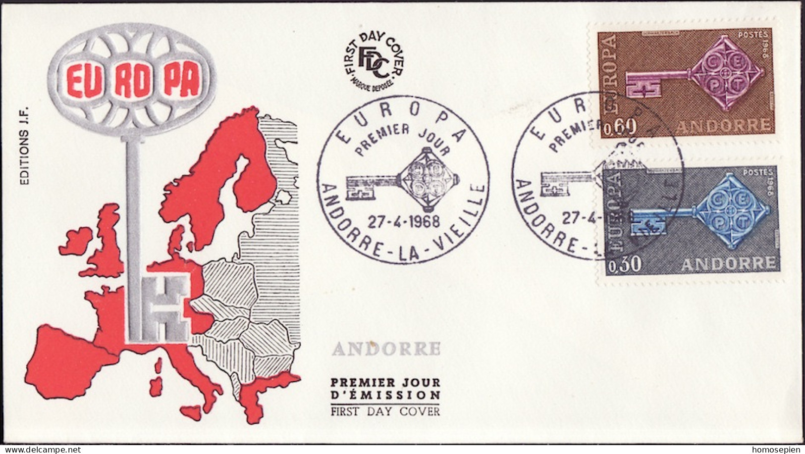 Europa CEPT 1968 Andorre Français - Andorra FDC6 Y&T N°188 à 189 - Michel N°208 à 209 - 1968