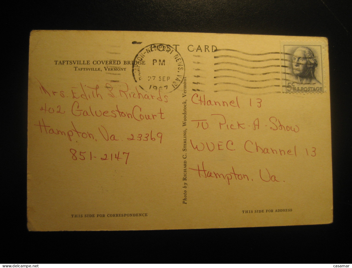 TAFTSVILLE Vermont Covered Bridge Cancel HAMPTON-NEWPORT NEWS. 1967 To Hampton Postcard USA - Sonstige & Ohne Zuordnung