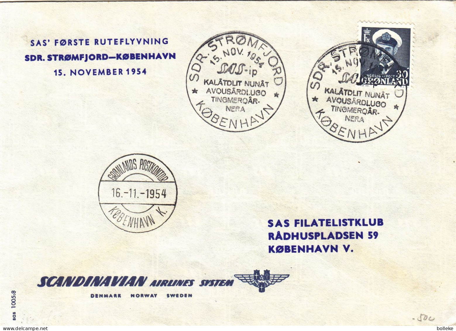 Groenland - Lettre De 1954 - Oblit Stromfjord - 1 Er Vol SAS SDR Stromfjord Kobenhavn - - Covers & Documents