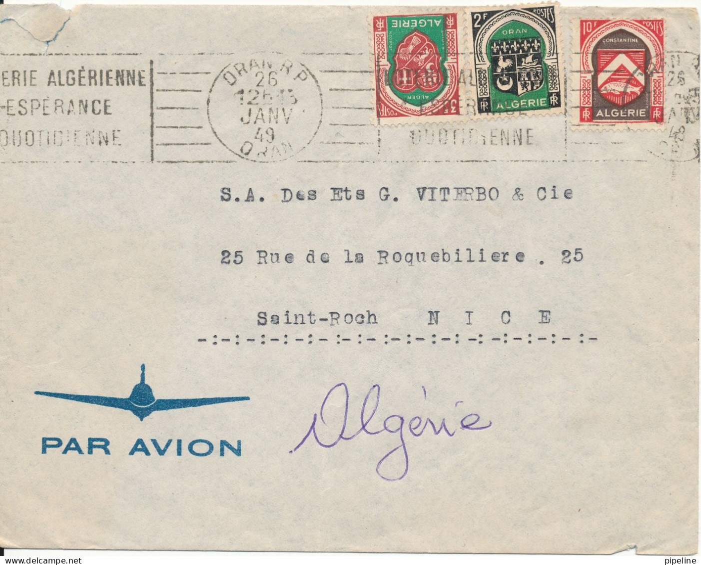 Algeria Air Mail Cover Sent To France 26-1-1949 - Luftpost