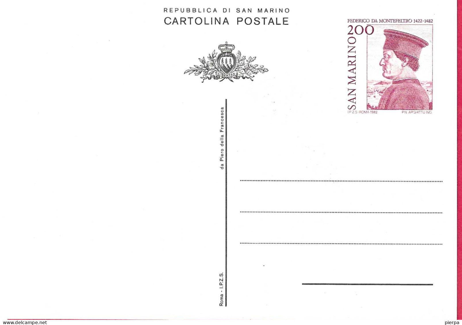 SAN MARINO - INTERO CARTOLINA POSTALE "FEDERICO DA MONTEFELTRO*(INT. 48) - NUOVA - Entiers Postaux