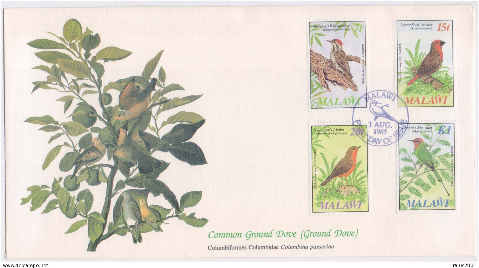 J.J. Audubon's Birds Of The World, Woodpecker, Seed Cracker, Bee Eater, Ground Dove, Birds, Bird, Animal, Malawi FDC - Meeuwen