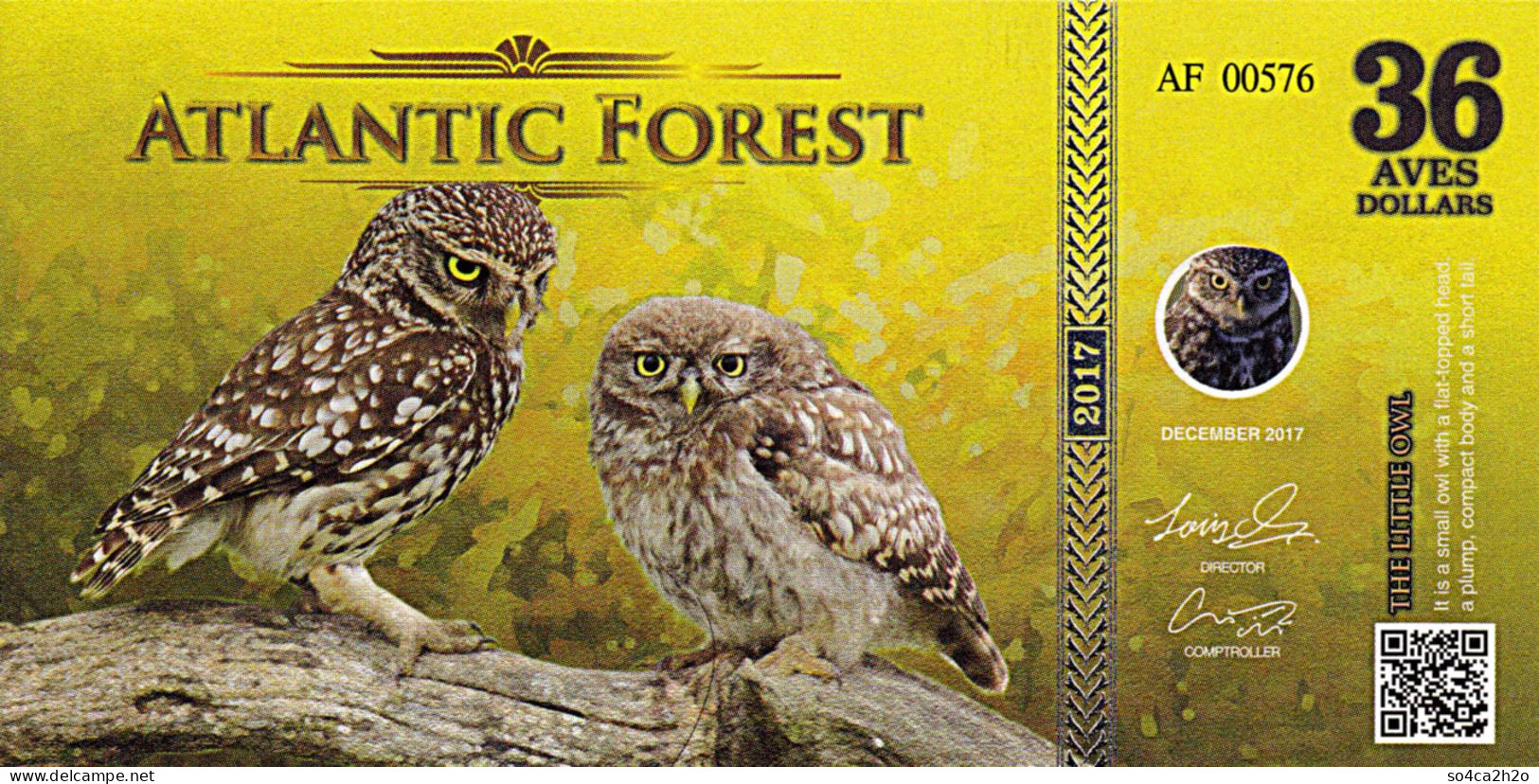 Atlantic Forest 36 Aves Dollars UNC 2017 Chouette Athena - Fictifs & Spécimens