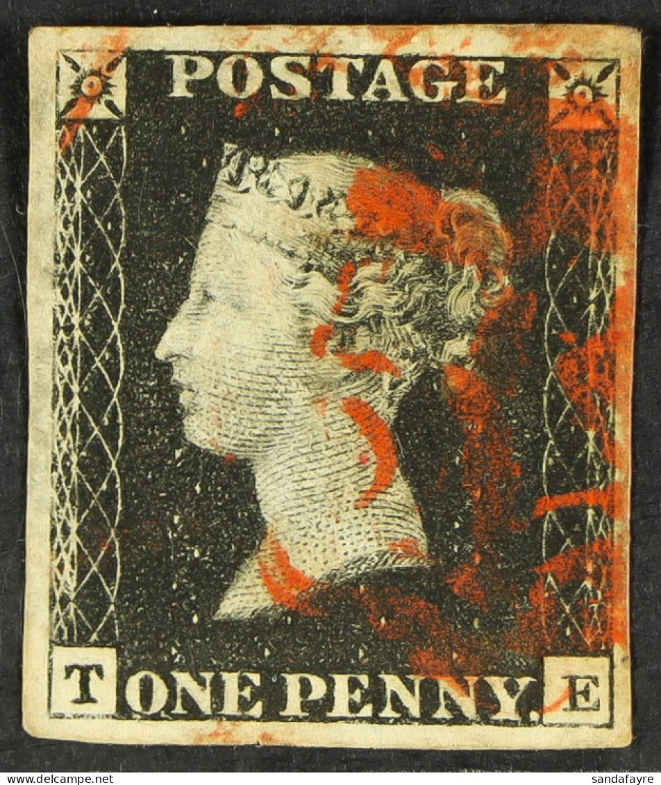 1840 1d Black, Plate 1b 'TE', Four Good Margins And Neat Red Maltese Cross. - Unclassified